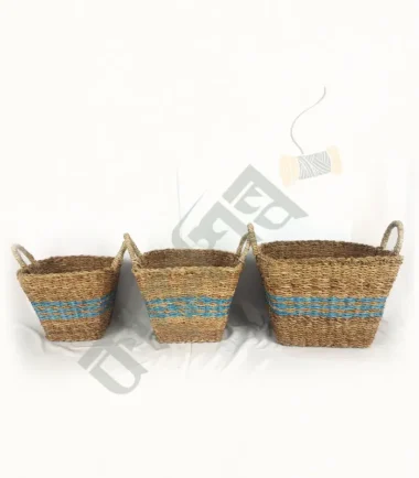 Seagrass Handwoven Natural with Blue Mixed Storage Baskets set of 3